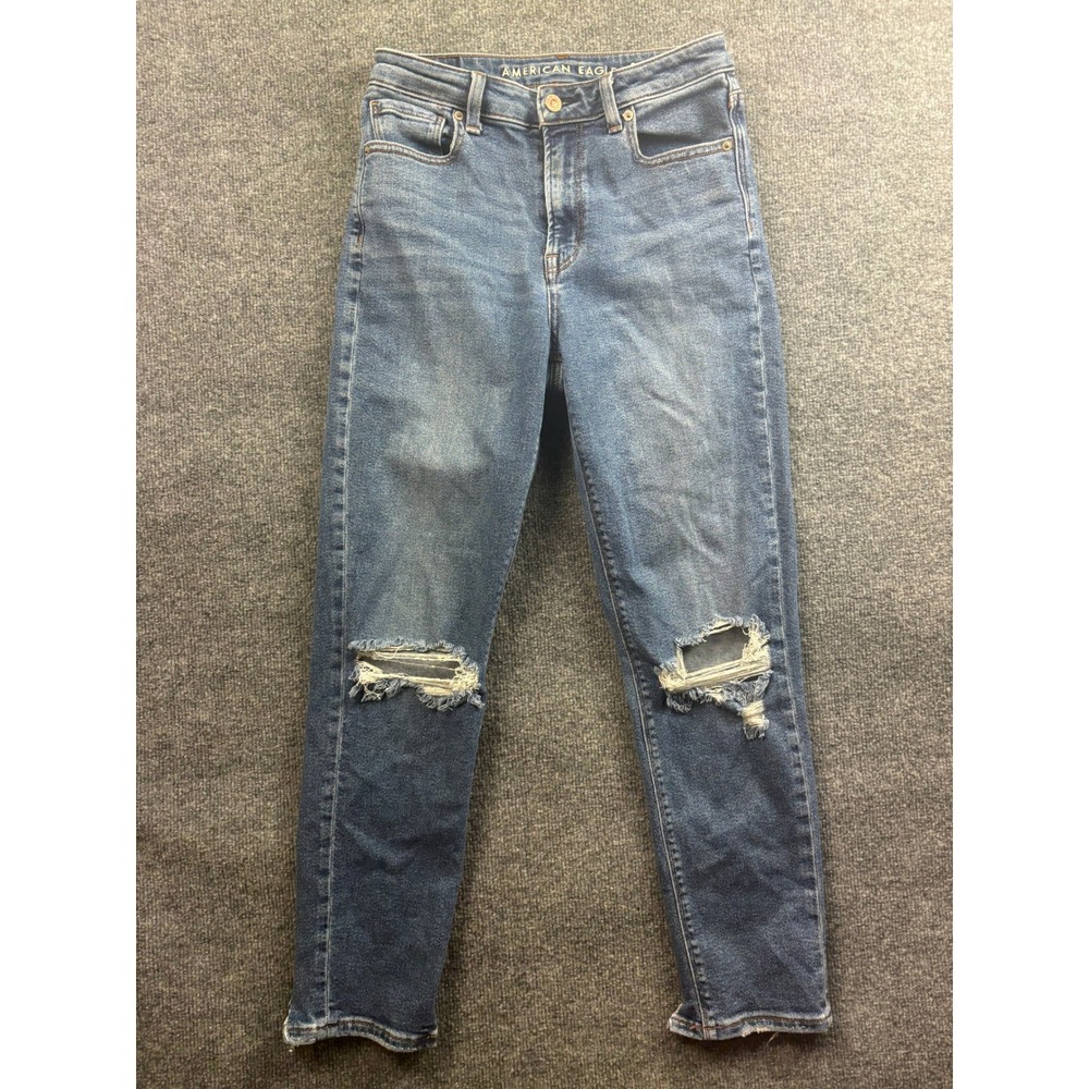 American Eagle Mom Jean Womens 6 Blue Distressed High Rise Stretch Denim